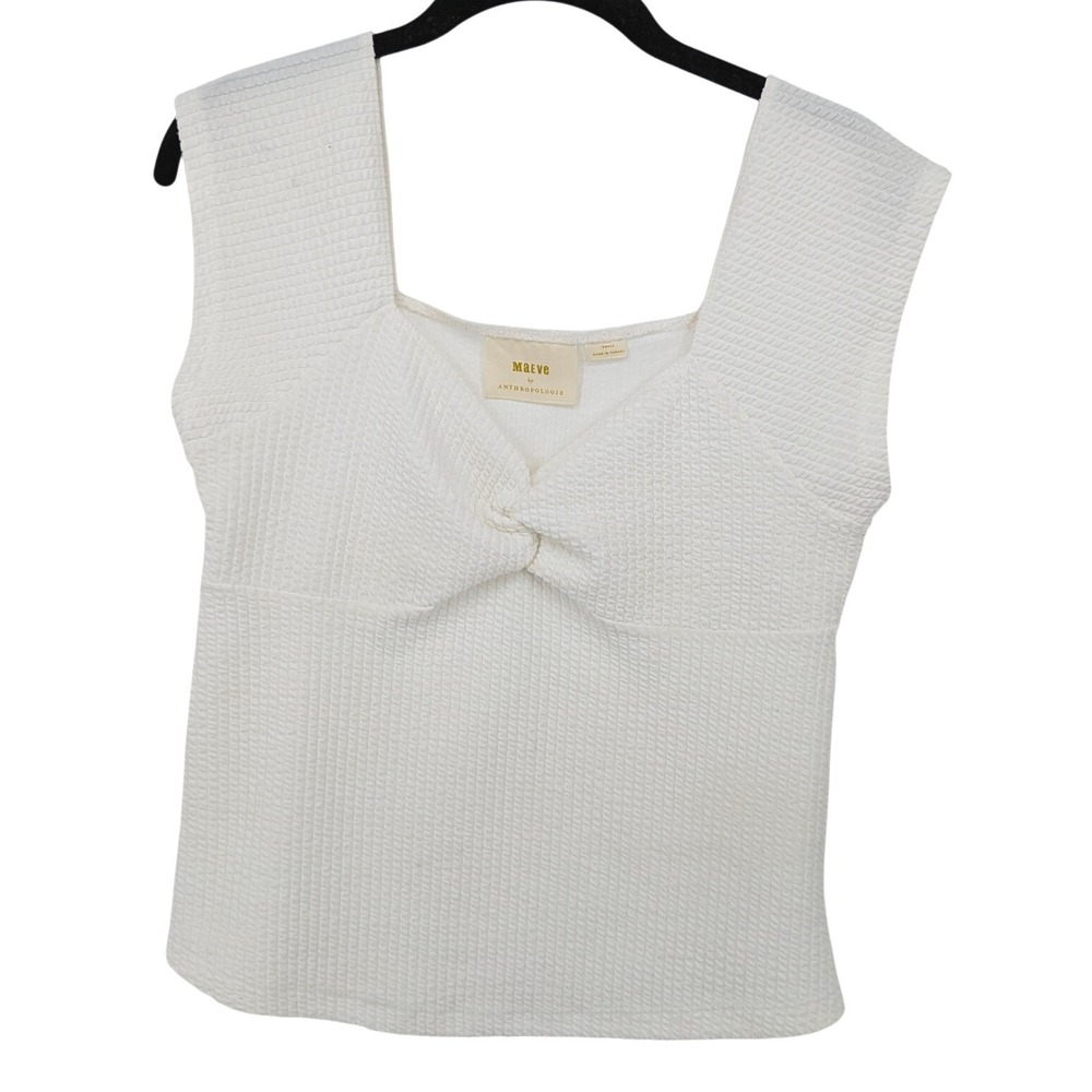 Maeve Ribbed Top Women Small White‎ Textured Twist Front Square Neck Sleeveless